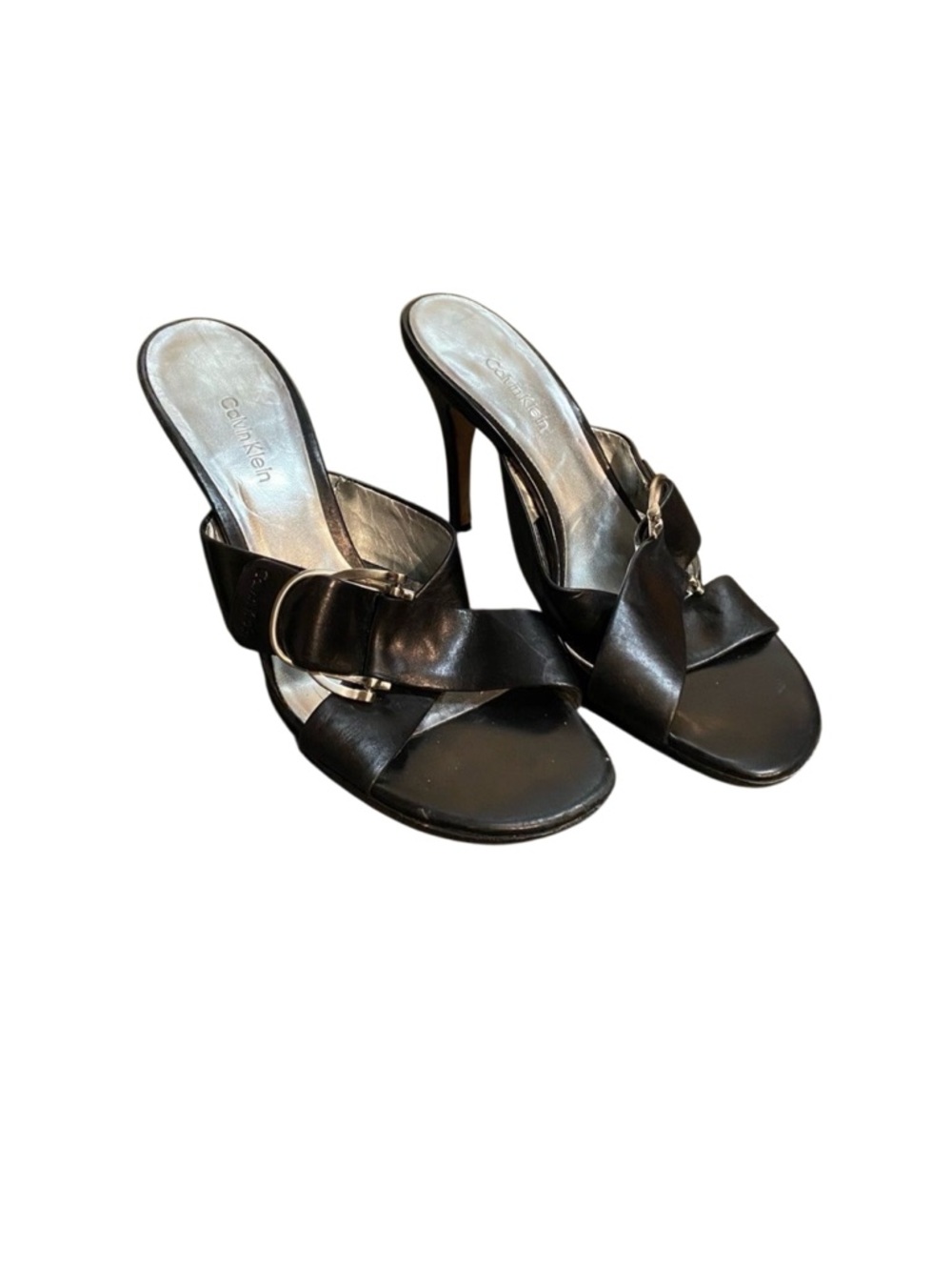Y2K Calvin Klein Black Sandal Leather Stiletto Heel Large Silver Buckle Slide 9